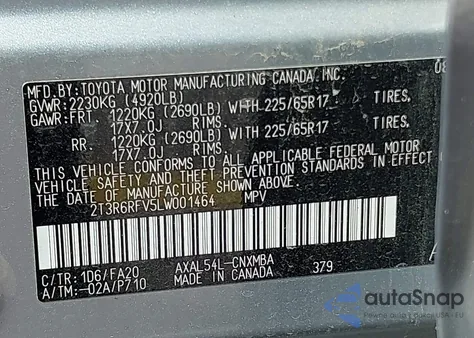 2020 Toyota Rav4 Hybrid Xle from USA, damaged, VIN 2T3R6RFV5LW001464